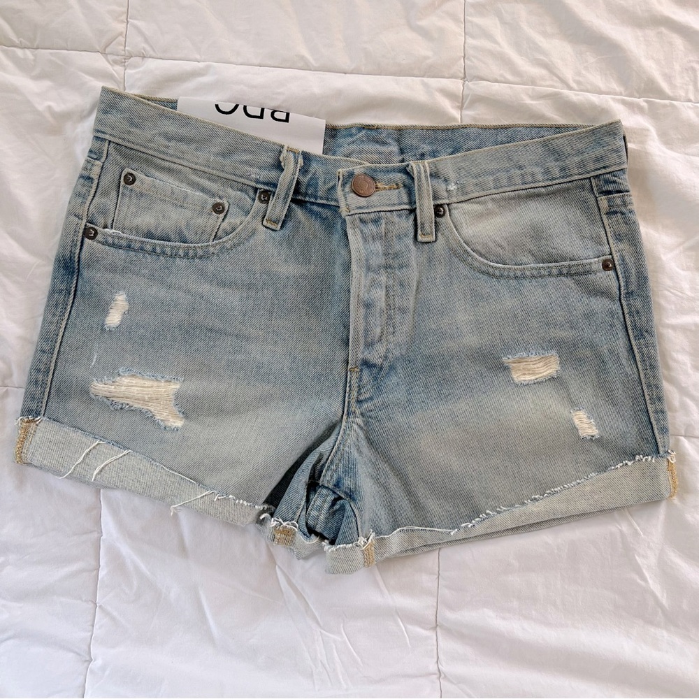 Urban Outfitters | BDG Tom Girl Distressed Mid Rise Blue Jean Shorts | Size 26